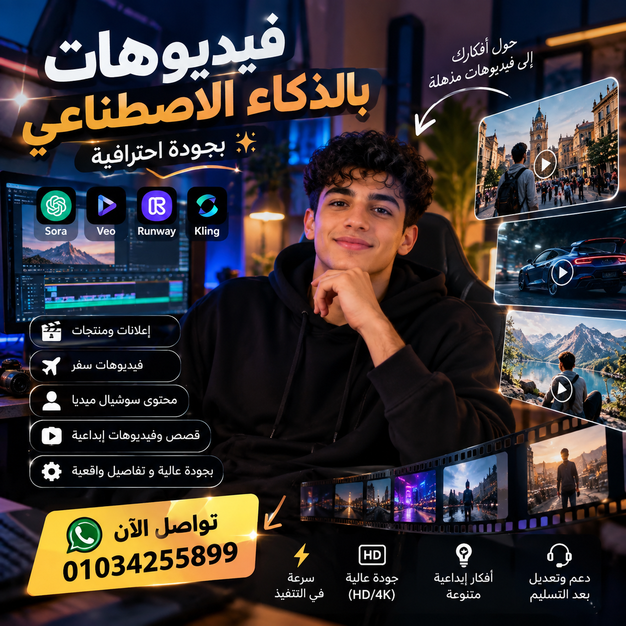 🚀 عايز فيديوهات احترافية ومبهرة بالذكاء الاصطناعي؟ 🎬 أنا بقدملك فيديوهات إعلانية، محتوى سوشيال ميديا وفيديوهات إبداعية بجودة عالية وأفكار مميزة 🔥 📞 للتواصل: